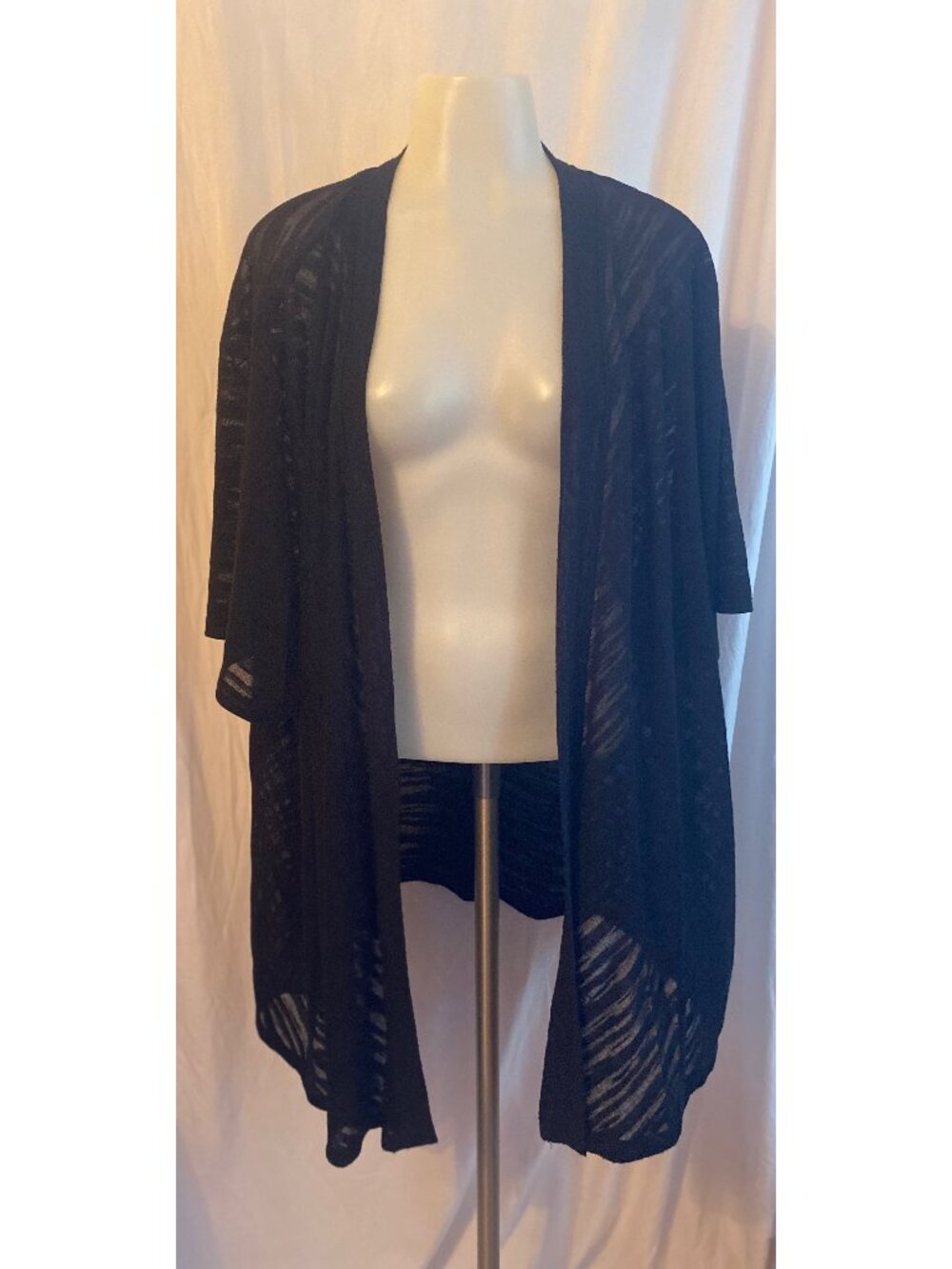 Catherines Black Sheer Shadow Stripe Burnout Open Front Cardigan